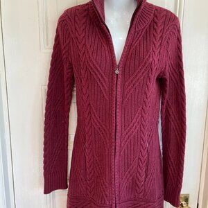 Athleta Full Zip High Neck Cranberry Heavy Knit Sweater Cotn Cashmre pockets Med